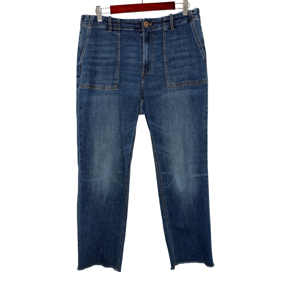 J. Jill Denim Jeans 12R Blue High Rise Straight Leg Patch Pocket Raw Hem